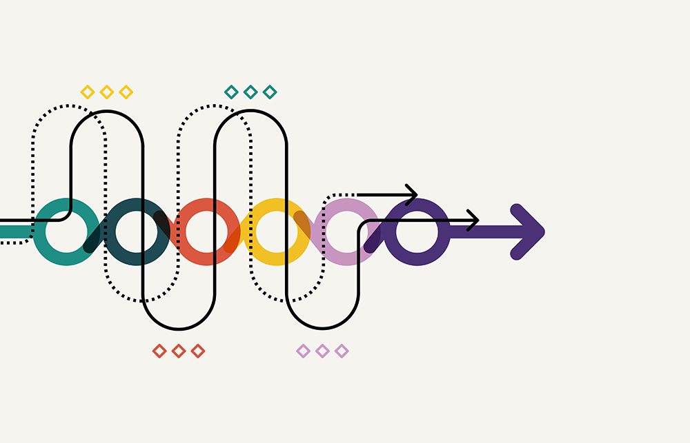 Graphic showing brightly coloured circles and wavy lines, emphasizing a journey go from left to right.