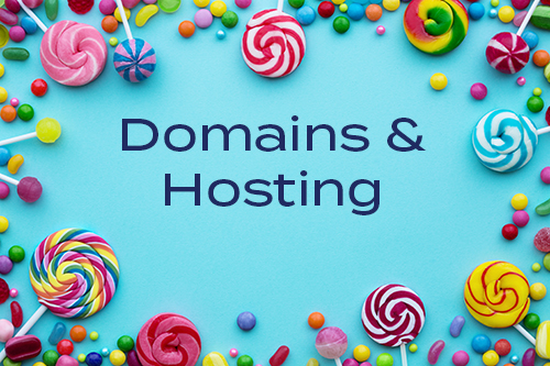 Sweets around the edge of a turquoise background with Domains and Hosting in the middle