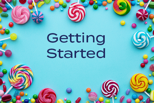 Sweets around the edge of a turquoise background with Getting Started in the middle