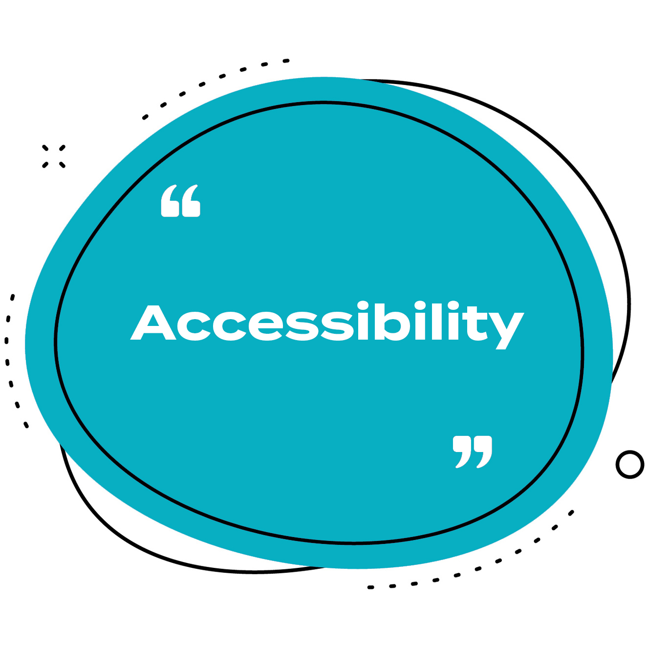 The word "Accessibility" on a blue circle with other graphic elements